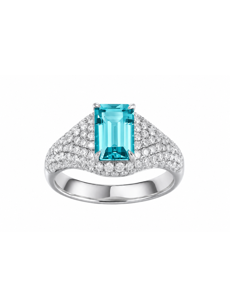 Yellow emerald-cut ring with hand-set setting detail view showcasing the jewelry design and finish
