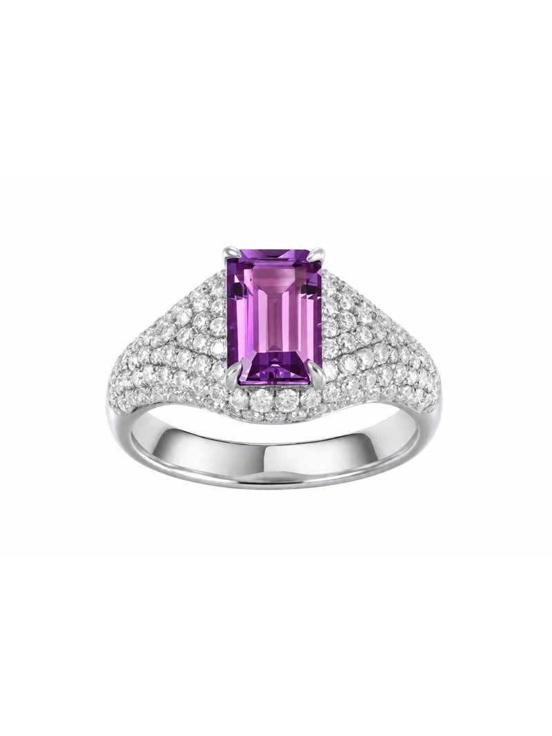 Emerald-cut ring with hand-set setting detail view showcasing the jewelry design and finish