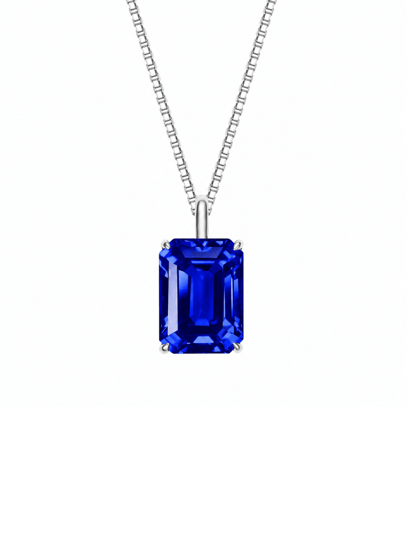 Emerald-cut necklace with hand-set setting detail view showcasing the jewelry design and finish