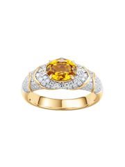AUREL yellow east-west oval lab-grown gemstone ring with moissanite pav¨¦ in a gold-tone setting, front view.