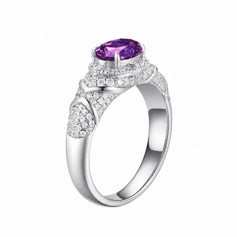 Padparadscha oval-cut ring with hand-set setting detail view showcasing the jewelry design and finish
