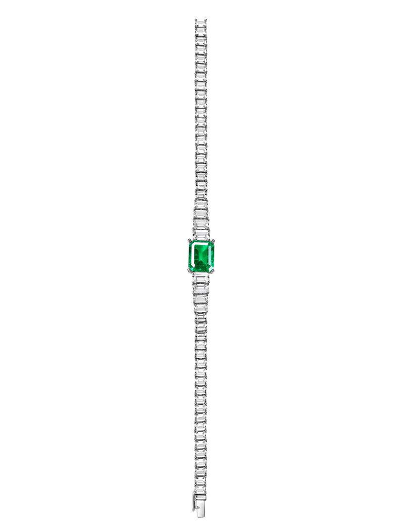 Colombian emerald emerald-cut tennis bracelet with hand-set setting angled view showing the silhouette and craftsmanship