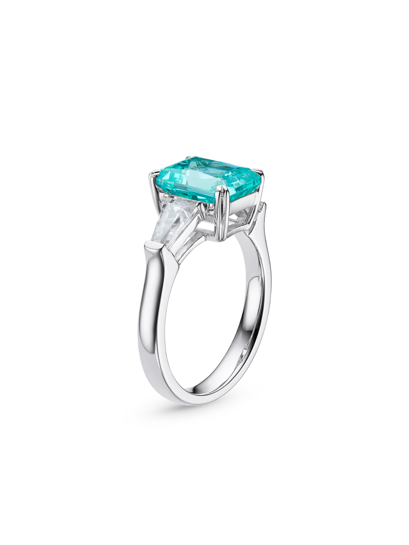 Ruby radiant-cut ring with hand-set setting close-up view highlighting the gemstone cut and setting details