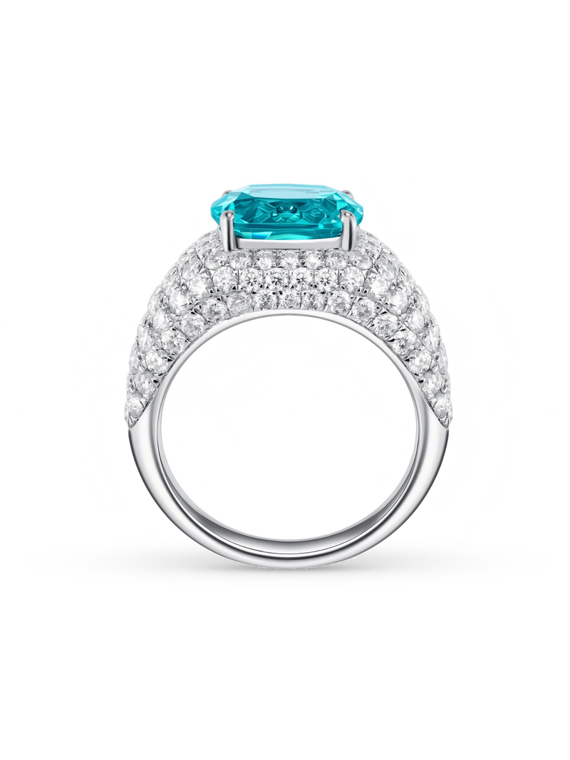 Cushion-cut ring with hand-set setting detail view showcasing the jewelry design and finish