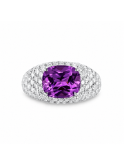 Ruby cushion-cut ring with hand-set setting detail view showcasing the jewelry design and finish