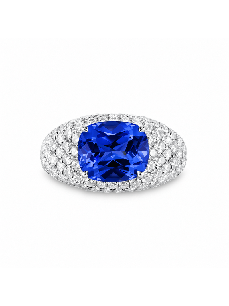 Hot pink sapphire cushion-cut ring with hand-set setting detail view showcasing the jewelry design and finish