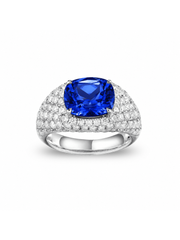 Padparadscha cushion-cut ring with hand-set setting detail view showcasing the jewelry design and finish