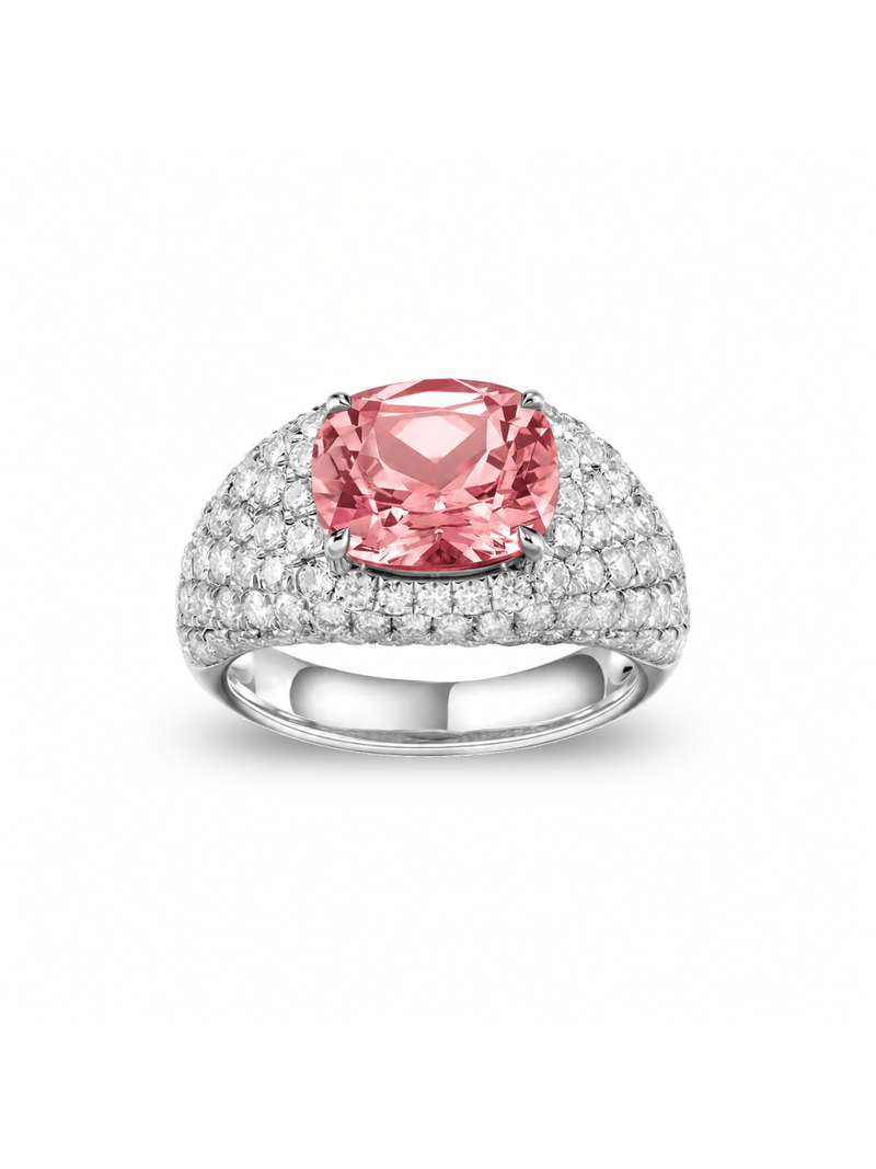 Yellow cushion-cut ring with hand-set setting detail view showcasing the jewelry design and finish
