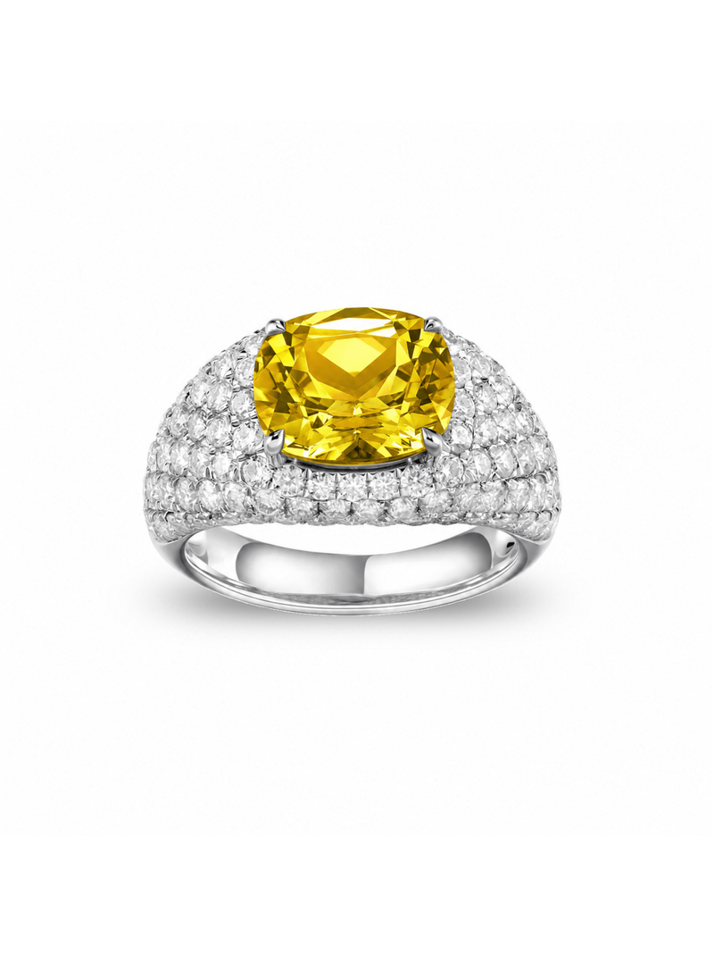 Hot pink sapphire cushion-cut ring with hand-set setting detail view showcasing the jewelry design and finish