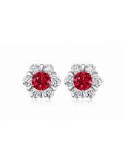 FLEUR red round lab-grown gemstone floral studs with moissanite petals in a silver-tone setting, front view