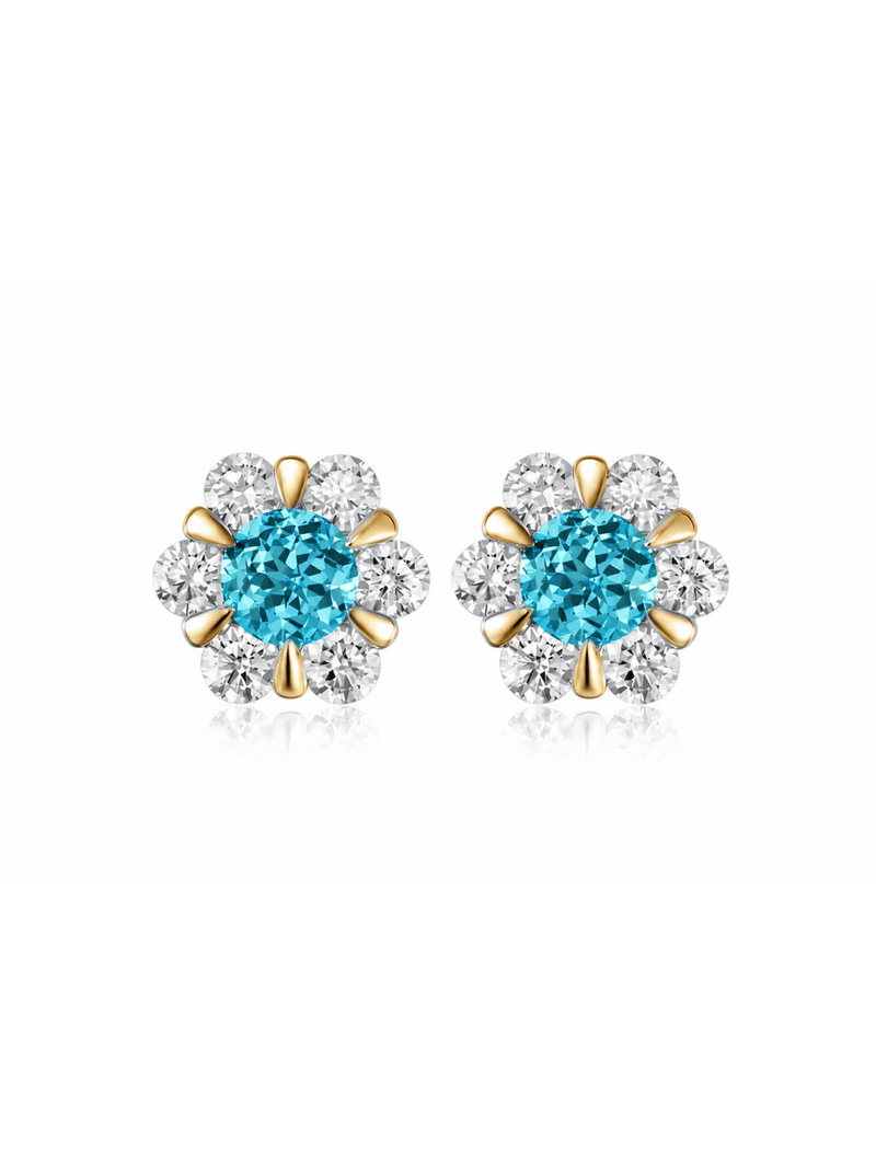 FLEUR blue-green round lab-grown gemstone floral studs with moissanite petals in a gold-tone setting, front view