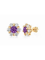 FLEUR purple round lab-grown gemstone floral studs with moissanite petals in a gold-tone setting, front and side view