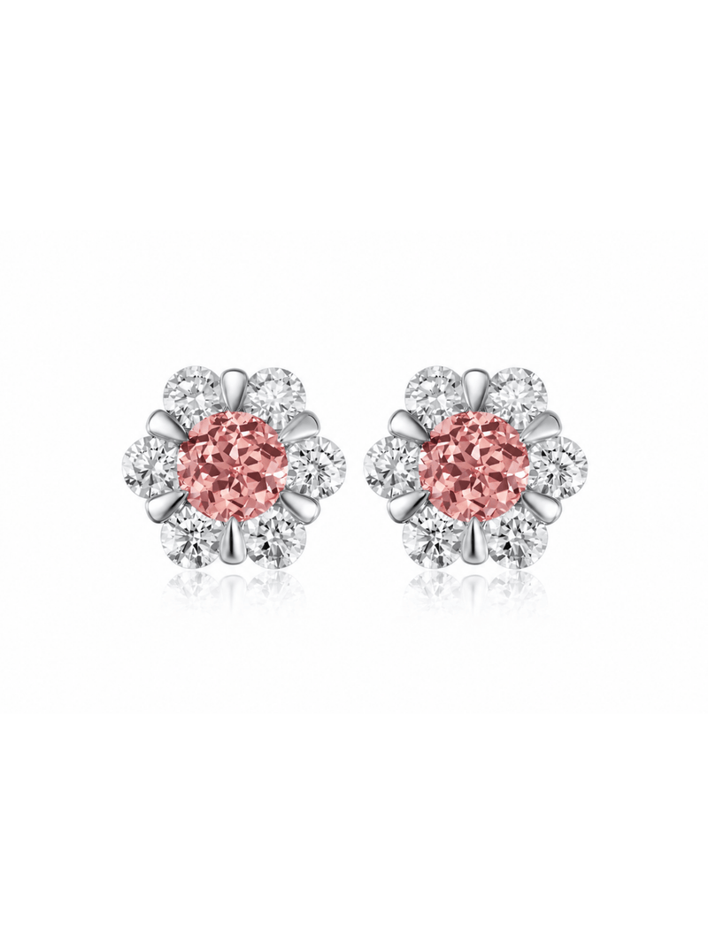 FLEUR peach-pink round lab-grown gemstone floral studs with moissanite petals in a silver-tone setting, front view