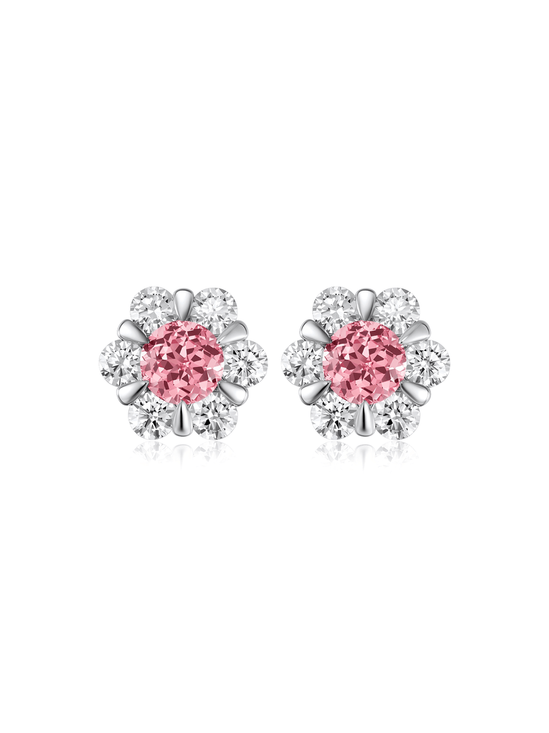 FLEUR peach-pink round lab-grown gemstone floral studs with moissanite petals in a silver-tone setting, front view