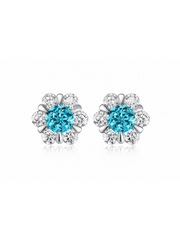 FLEUR blue-green round lab-grown gemstone floral studs with moissanite petals in a silver-tone setting, front view