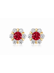 FLEUR red round lab-grown gemstone floral studs with moissanite petals in a gold-tone setting, front view