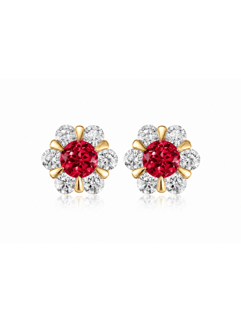 FLEUR red round lab-grown gemstone floral studs with moissanite petals in a gold-tone setting, front view