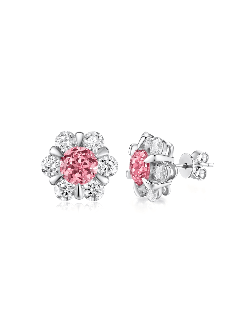 FLEUR peach-pink round lab-grown gemstone floral studs with moissanite petals in a silver-tone setting, front and side view