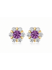 FLEUR purple round lab-grown gemstone floral studs with moissanite petals in a gold-tone setting, front view