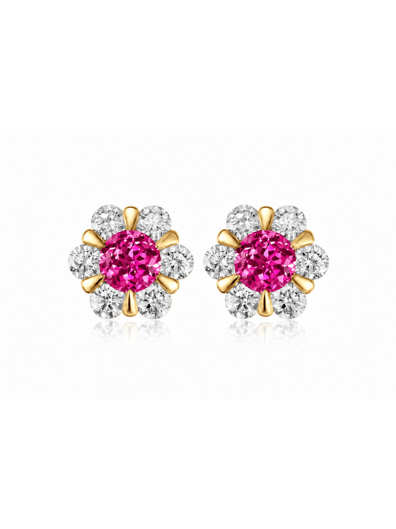 FLEUR hot pink round lab-grown gemstone floral studs with moissanite petals in a gold-tone setting, front view