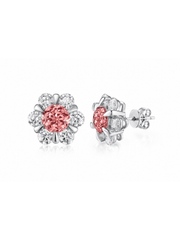 FLEUR peach-pink round lab-grown gemstone floral studs with moissanite petals in a silver-tone setting, front and side view