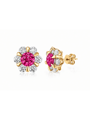FLEUR hot pink round lab-grown gemstone floral studs with moissanite petals in a gold-tone setting, front and side view