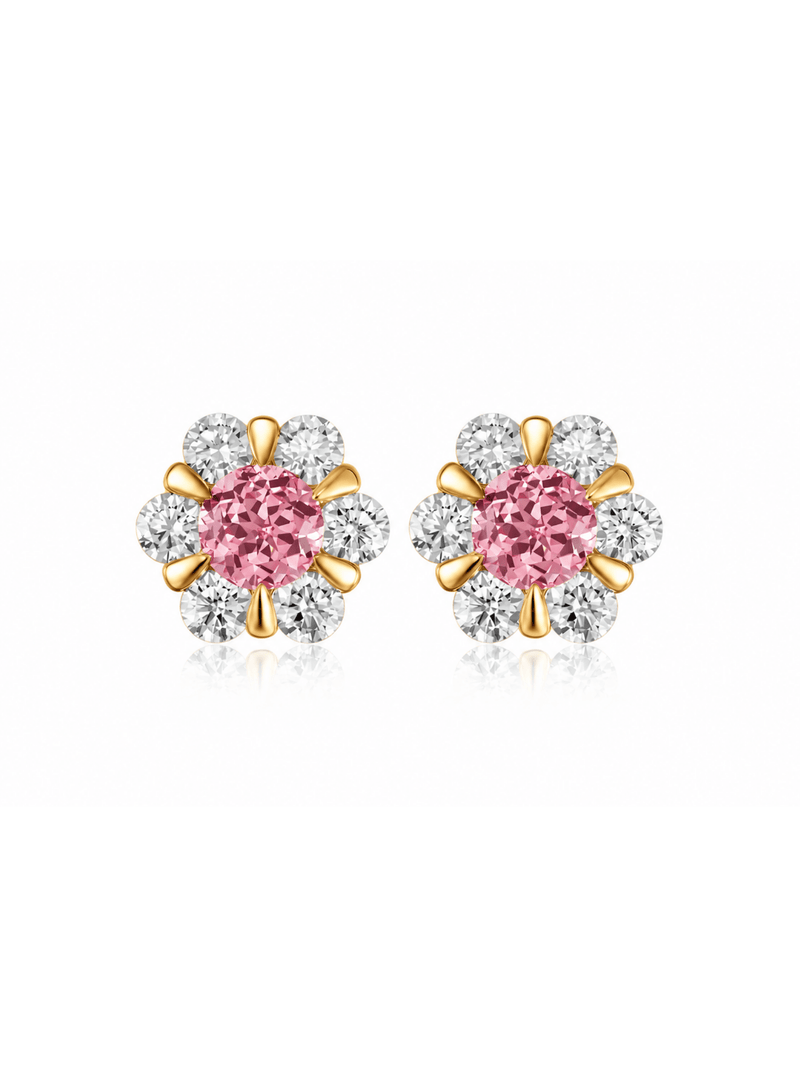 FLEUR peach-pink round lab-grown gemstone floral studs with moissanite petals in a gold-tone setting, front view