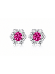 FLEUR hot pink round lab-grown gemstone floral studs with moissanite petals in a silver-tone setting, front view