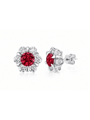 FLEUR red round lab-grown gemstone floral studs with moissanite petals in a silver-tone setting, front and side view