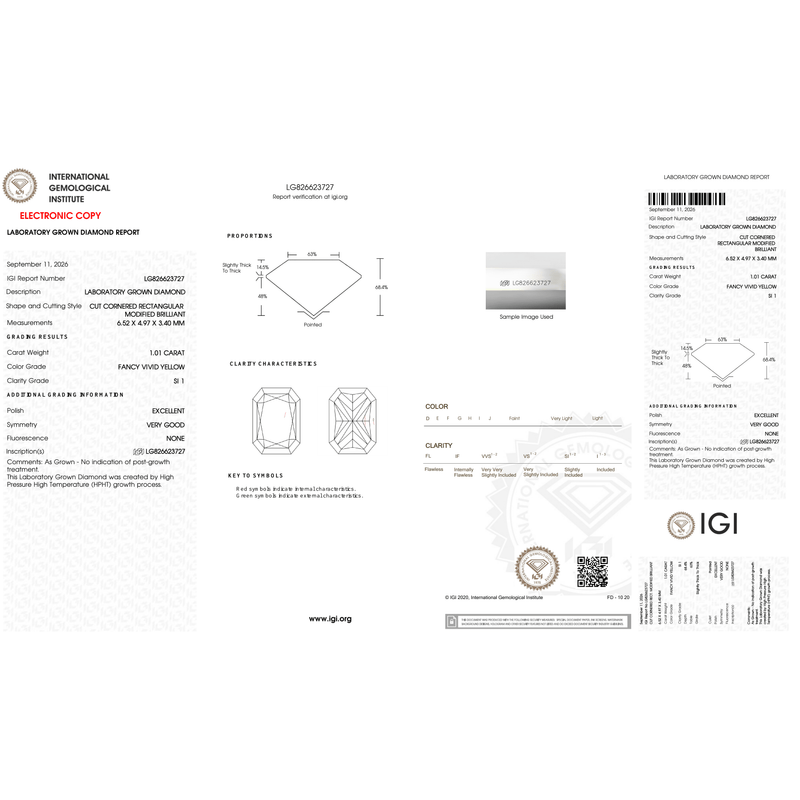 Complete original IGI report LG826623727 for a 1.01 ct Fancy Vivid Yellow SI1 radiant-cut lab-grown diamond, centered on a square white canvas.