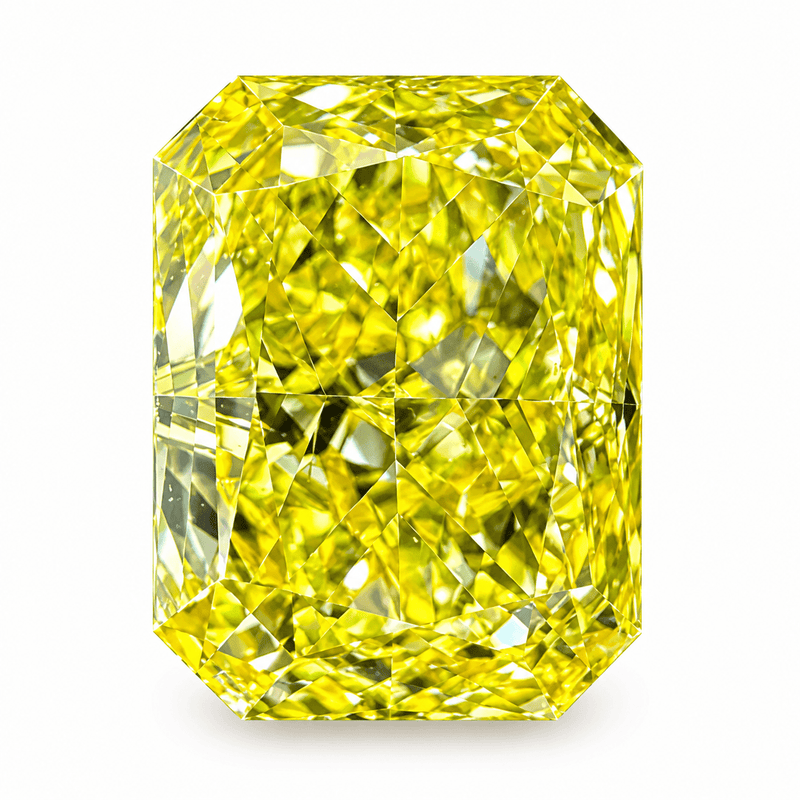 3D illustration, face-up view of a 1.01 ct Fancy Vivid Yellow SI1 radiant-cut lab-grown diamond, based on the actual photograph and IGI report LG826623727.