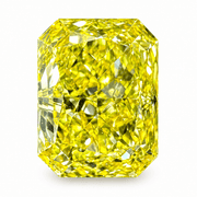 3D illustration, face-up view of a 1.01 ct Fancy Vivid Yellow SI1 radiant-cut lab-grown diamond, based on the actual photograph and IGI report LG826623727.