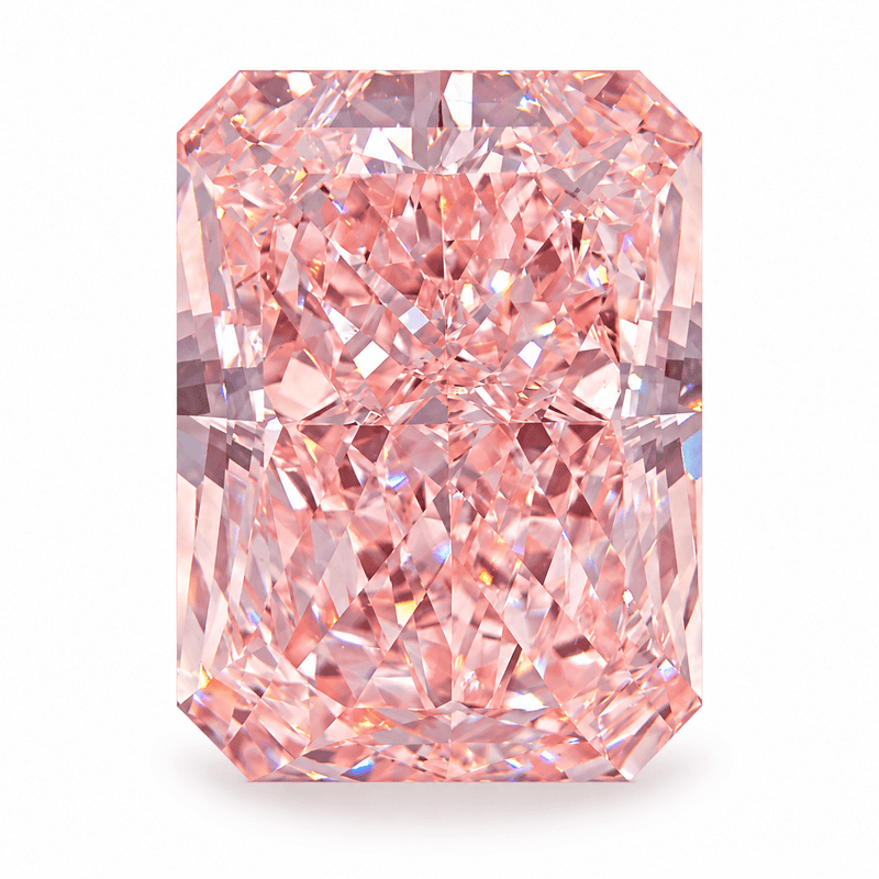3D illustration, face-up view of a 2.01 ct Fancy Vivid Pink VS1 radiant-cut lab-grown diamond, based on the actual photograph and IGI report LG839681728.