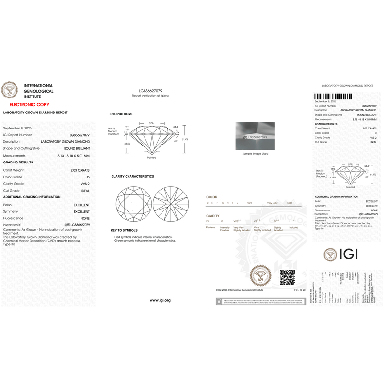 Complete original IGI report LG836627079 for the 2.03 ct D VVS2 round lab-grown diamond, centered on a square white canvas.