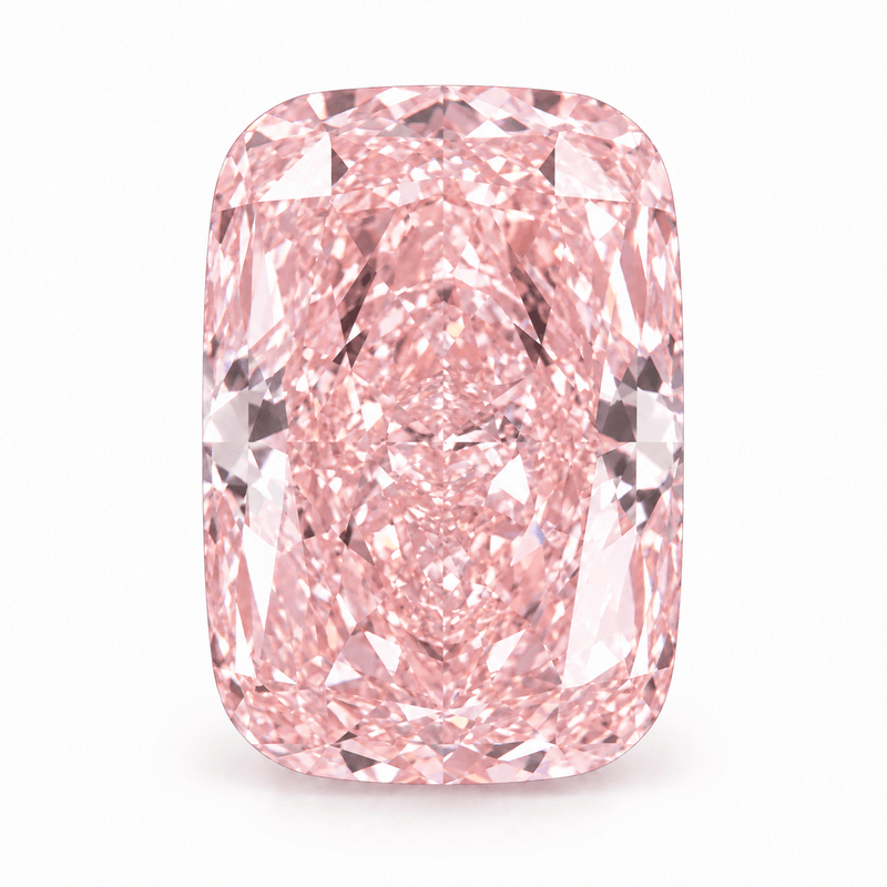 Face-up product illustration of the 2.10 ct Fancy Intense Pink VS1 elongated cushion-cut lab-grown diamond, IGI LG768648406, with color guided by the supplied Baby Pink references.