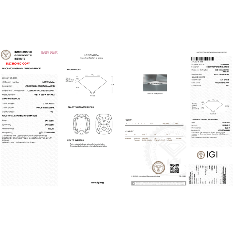 Complete IGI report LG768648406 for a 2.10 ct Fancy Intense Pink VS1 cushion-cut lab-grown diamond, displayed on a square white canvas.