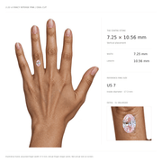Size illustration of the 2.22 ct pink oval diamond, 7.25 by 10.56 mm, shown on an illustrative US 7 reference hand with a 3x detail.