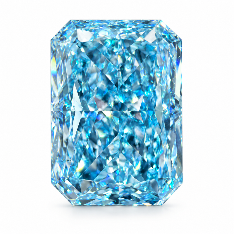 3D illustration, face-up view of a 3.00 ct Fancy Vivid Blue VS2 radiant-cut lab-grown diamond. Refer to the actual diamond photograph for appearance.