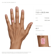 Illustrative size guide for a 3.05 ct radiant diamond measuring 7.12 by 10.21 mm on a US 7 reference hand; the diamond image is illustrative and the individual stone’s appearance is unconfirmed.