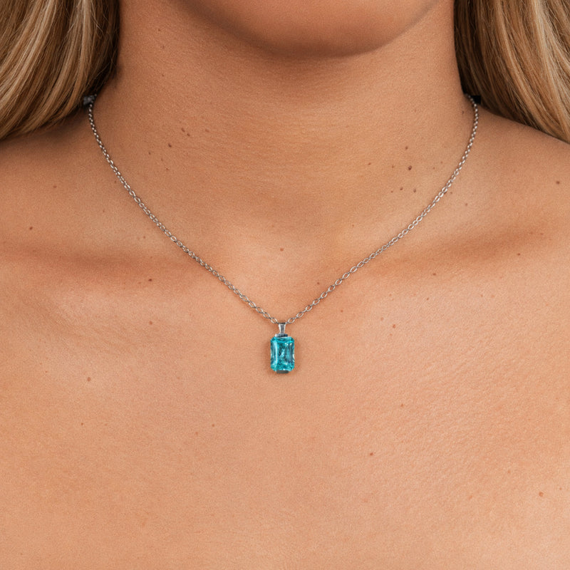 Radiant-cut necklace with hand-set setting close-up view highlighting the gemstone cut and setting details