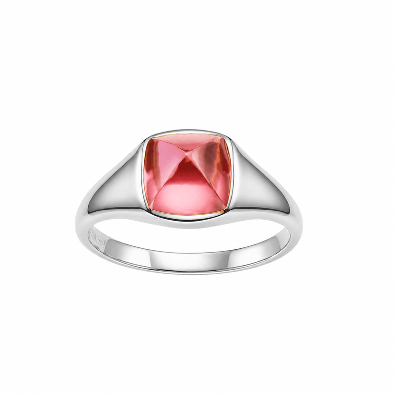 Hot pink sapphire ring with hand-set setting detail view showcasing the jewelry design and finish