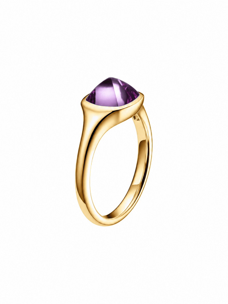 NOMI purple sugarloaf-cut lab-grown gemstone ring in a gold-tone bezel setting, angled side view.