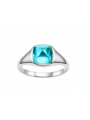 NOMI turquoise-blue sugarloaf-cut lab-grown gemstone ring in a polished silver-tone bezel setting, front angled view.