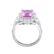 REINE pink radiant-cut halo ring side view showing the raised center and polished band