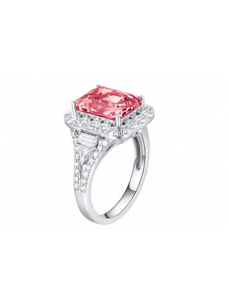 Sapphire radiant-cut ring with hand-set setting angled view showing the silhouette and craftsmanship