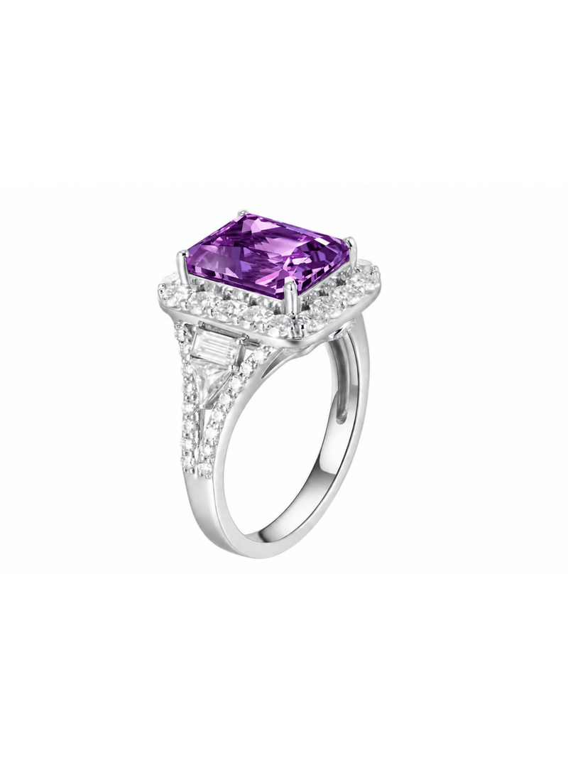 Padparadscha radiant-cut ring with hand-set setting detail view showcasing the jewelry design and finish