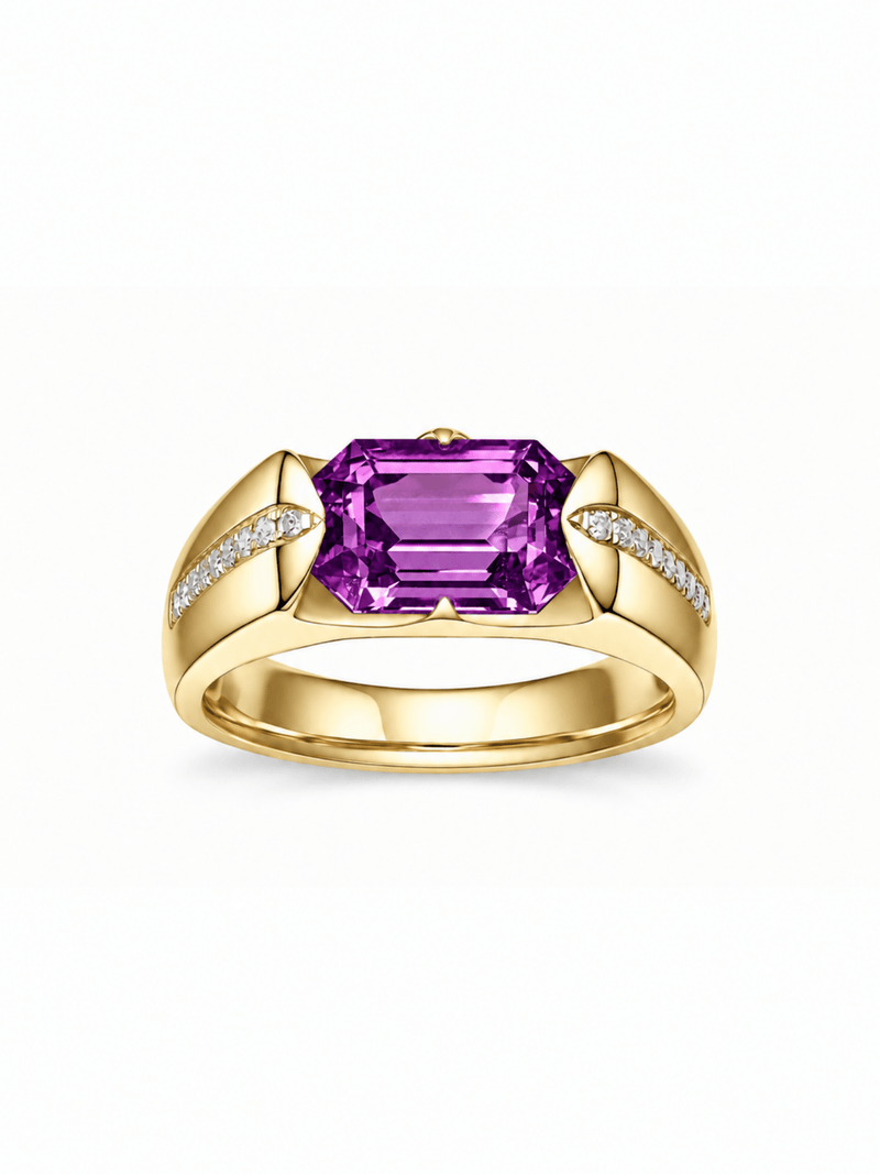 Ruby emerald-cut ring with hand-set setting detail view showcasing the jewelry design and finish