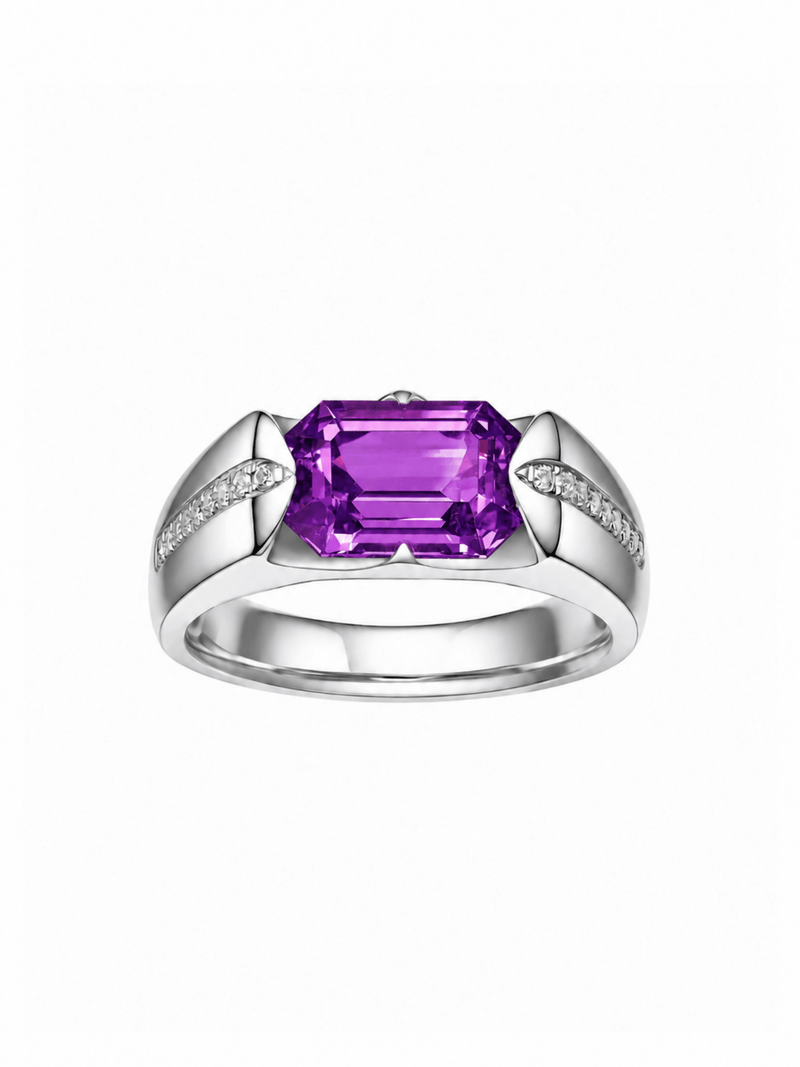 Emerald-cut ring with hand-set setting detail view showcasing the jewelry design and finish