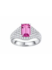 Hot pink sapphire emerald-cut ring with hand-set setting front view showing the overall design