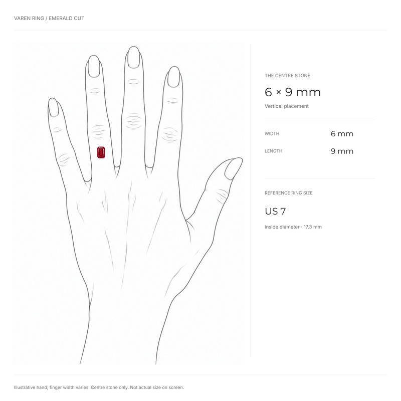 VAREN emerald-cut cocktail ring size guide showing center stone proportions on a hand